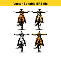 Cowboy Riding Horse Vector Illustration Set - Editable EPS