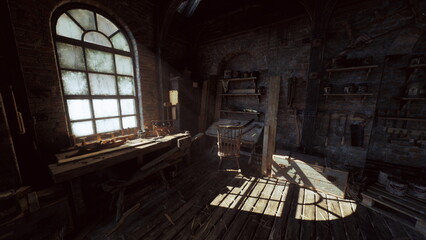 Obraz premium sunlit carpenter workshop with strong sunbeams illuminating floor and workbench. active lathe spins as maker sands plank, joiner measures joints and clamps