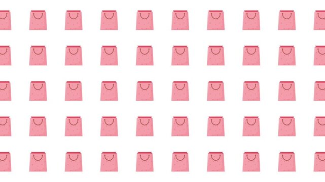 Repeating pattern of pink shopping bags against white background. Ideal for retail promotions, ecommerce websites, and feminine design projects.