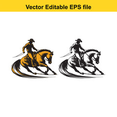Cowboy Riding Horse Vector Illustration - Editable EPS