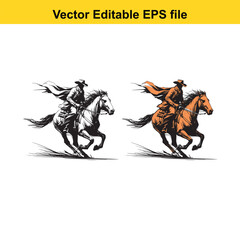Cowboy Riding Horse Vector Illustration - Editable EPS File