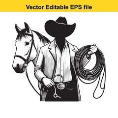 Cowboy Silhouette with Horse and Lasso Rope Vector Illustration