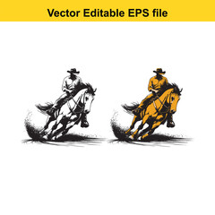 Cowboy Riding Horse Vector Illustration - Western Style