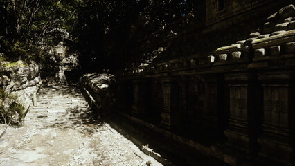 Fototapeta premium shadowed stone corridor under canopy, worn carvings lining narrow path with moss and dust, deep shafts of shade and dappled sunlight, quiet eerie atmosphere