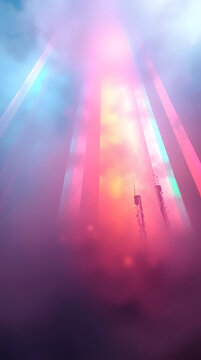 Background wallpaper for party invitation, clubs, event. Low angle perspective, complementary epic colors, misty atmospheric.