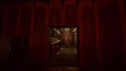 Fototapeta premium service hatch opening into red pipe chamber with dim walkway and scattered debris, heavy metal textures and warm tones, scene suitable for inspector walkthrough