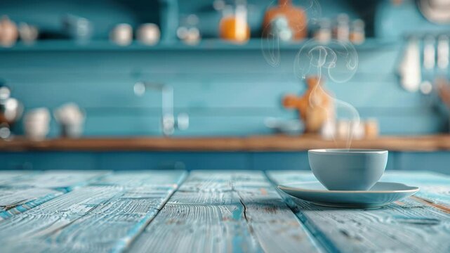 A Moment of Stillness: A serene composition featuring a steaming cup resting on a wooden table, with a blurred kitchen interior creating a calming backdrop.