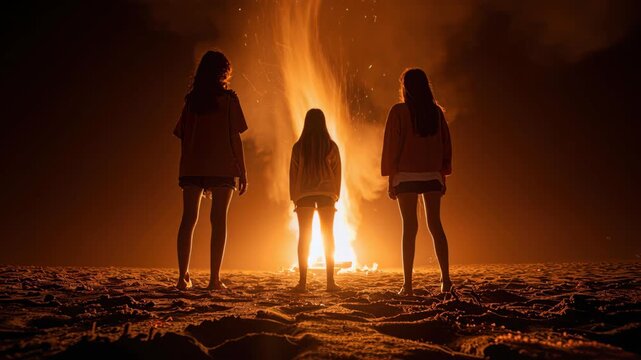 Gathering around the Fire: Three figures stand before a blazing bonfire, their silhouettes etched against the radiant glow. Witnessing the warm embrace of firelight and camaraderie.