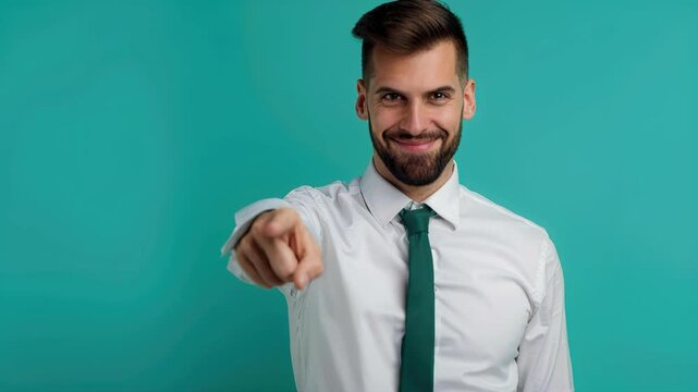 Confident Point: A stylishly dressed man with a well-groomed beard and confident gaze points directly at the viewer, set against a vibrant turquoise backdrop. This image embodies directness.