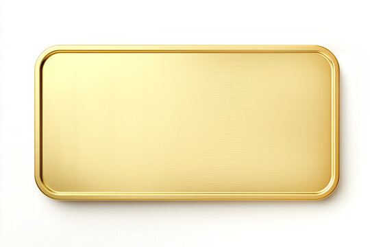 Blank golden metal plate or plaque with rounded corners isolated on a white background. 3D render of a luxury gold nameplate, sign, or button mockup for branding and awards