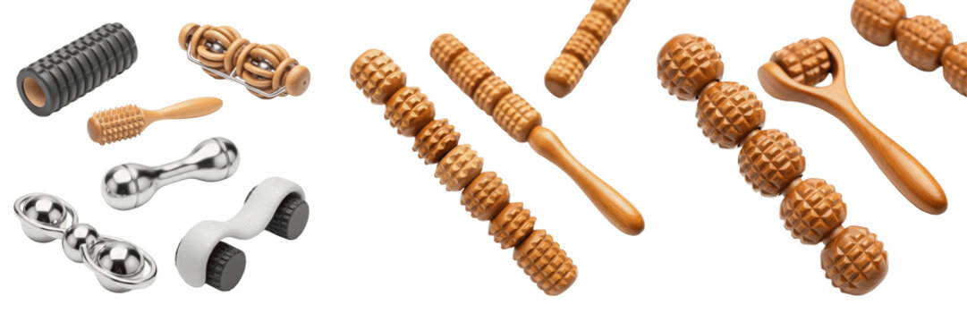 Set and collection of various manual massage tools including wooden roller sticks, handheld maderotherapy equipment, and metal acupressure rollers for body therapy isolated on white transparent PNG 