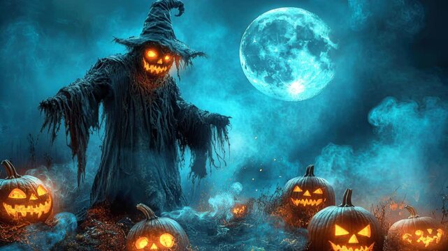 Mystical Halloween Night: A spooky scarecrow, its pumpkin-lit face glowing against the dark sky, stands amid jack-o'-lanterns beneath a massive full moon in a haze of smoke, evokes mystery and chills.