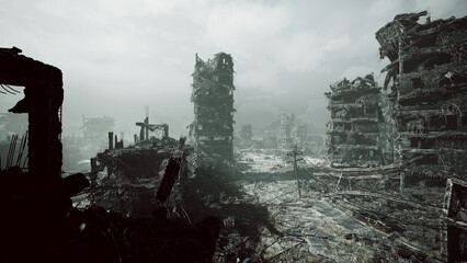 Obraz premium foggy broken avenue strewn with debris, collapsed facades flank empty thoroughfare, distant tower looms through haze, scattered vehicle carcasses and bent