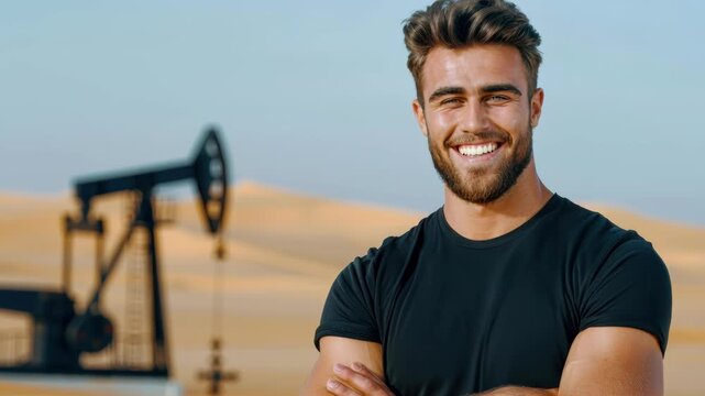 Smiling in the Industry: A confident individual stands against the backdrop of an oil industry machine, radiating optimism and a smile, representing innovation and energy.