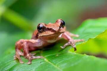 Obraz premium Tiny Frog in Vibrant Green Forest with Detailed Eyes and Textured Skin