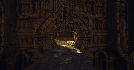 Stone threshold leading toward glowing inner sanctum, circular portal frames radiant chamber beyond, scattered coins form luminous pathway, heavy carved reliefs © icetray
