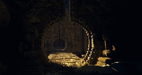 Shadowed vault with single shaft light. Deep cavernous interior cloaked in gloom, narrow beam picks out scattered coins and carved stones, silence and suspense © icetray