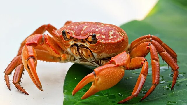 Orange Crab on Green Leaf: A captivating depiction of a vibrant orange crab, its intricate shell and powerful claws on display as it rests gracefully on a lush green leaf.