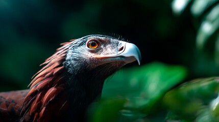 Majestic Bird of Prey in Dark Jungle with Lush Green Foliage Details
