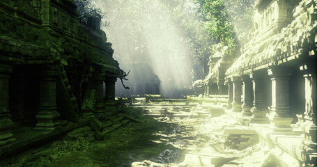 Sunlit ruins uncovered, Sunshine reveals ancient jungle sanctuary features, Light uncovers hidden details of jungle temple amidst moss and shadows