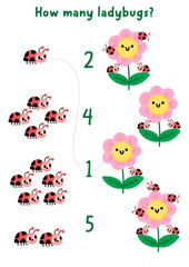 Fototapeta premium Match the numbers simple garden game with flower and ladybugs. Spring rural country house math activity for preschool kids. Educational counting worksheet with plants and ladybirds