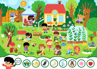 Fototapeta na wymiar Vector searching game with garden landscape. Find the objects. Spot hidden butterfly, watering can, bird. Rural seek and find printable activity for kids. Spring worksheet with kids gardeners