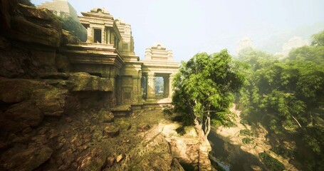 Fototapeta premium cliffside temple entrance overlooking deep canyon and winding river, carved window and rugged ledge set against bright blue sky and layered ridges