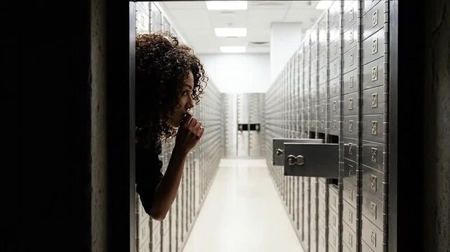 Young woman discreetly opening and looking into a safe deposit box in a secure bank vault.
