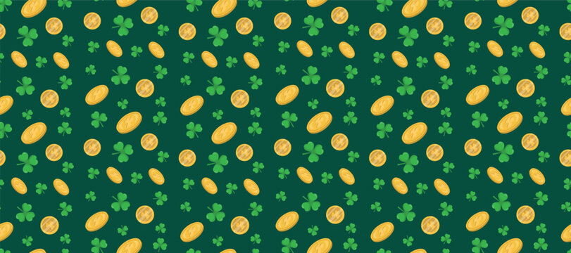 Seamless St Patricks Day Pattern with Gold Coins and Shamrocks