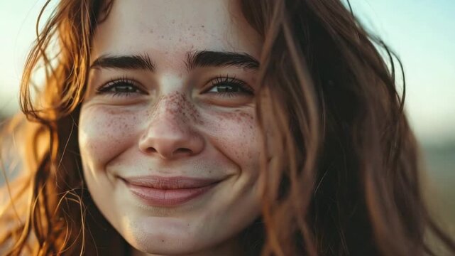 Close-up of a happy young woman with freckles smiling naturally
