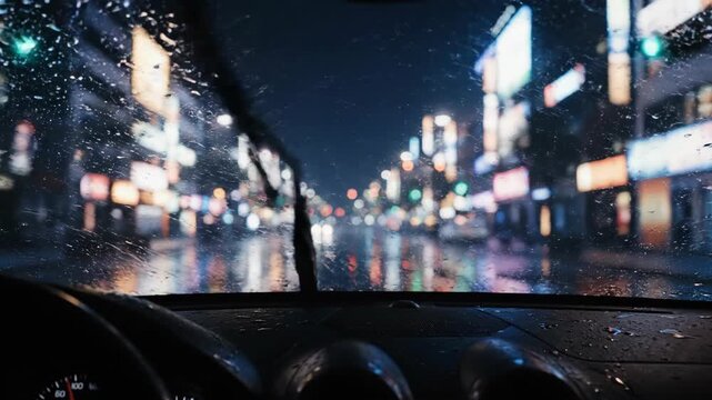 Night city street seen from car windshield with wipers clearing rain, blurring urban light reflection on wet road during a drive.