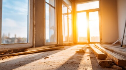 Restored Living Room with Window Frames and Sunlight at Noon