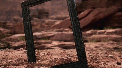 A black, ornate frame stands in a rocky desert, surrounded by red stones and patches of grass. The frame invites viewers to see the grandeur beyond, blending art and nature seamlessly. © icetray