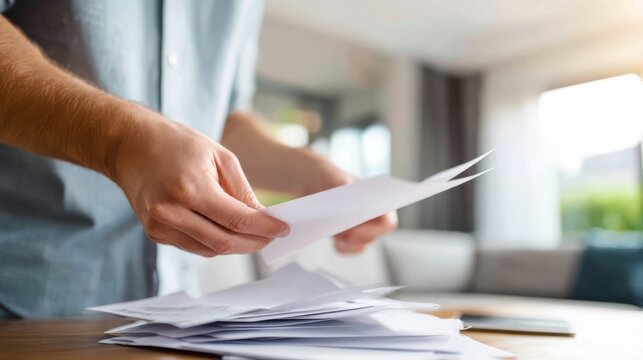 Organizing Financial Documents on a Table with Hands in a Bright Room