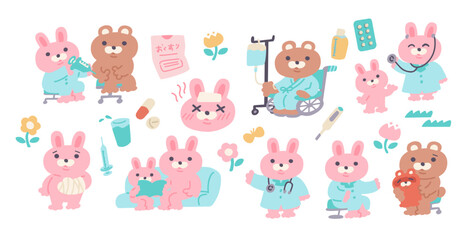 Obraz premium こども向けのかわいい擬人化した動物たちが病院に行く、小児科などの手書きベクターイラスト素材セット Hand-drawn vector illustration set featuring cute anthropomorphic animals for children visiting the hospital.