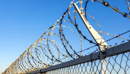 Coils of sharp razor wire mounted on a metal fence against a clear blue sky background with copy space, security perimeter. Concept of border protection and restriction of freedom