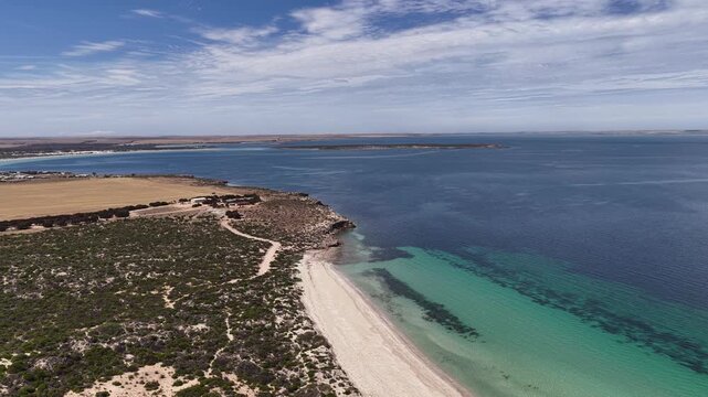 Perlubie Beach, Eyre Peninsula, South Australia &ndash; 4K Aerial Drone Footage of Turquoise Waters, White Sand Dunes and Remote Coastal Landscape near Eba Anchorage and Streaky Bay in Dry Season. 