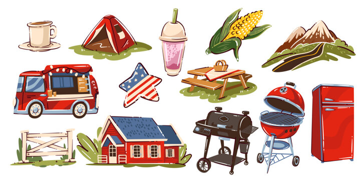 Travel to USA picnic set with camping tent, food truck, barbecue grill, farmhouse, picnic table, corn, milkshake, coffee cup, refrigerator, mountains, fence, american star, outdoor travel icons, carto