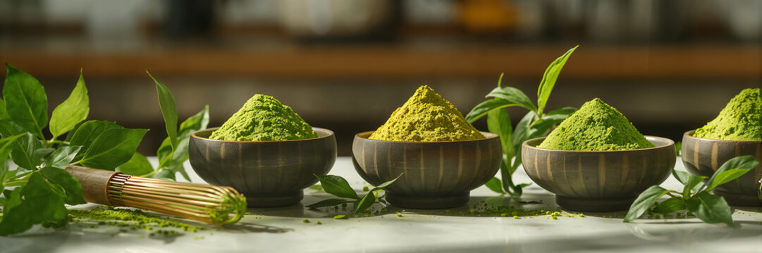 Dry matcha in a bowl of tea leaves on the table in the kitchen