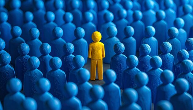 One yellow human figure standing out among many blue silhouettes on dark background, unique person in crowd of identical people. Concept of individuality and leadership
