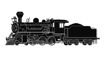 A striking black silhouette depicts a vintage steam locomotive with detailed features evoking nostalgia and history silhouette high quality professional modern © GDOthoi02