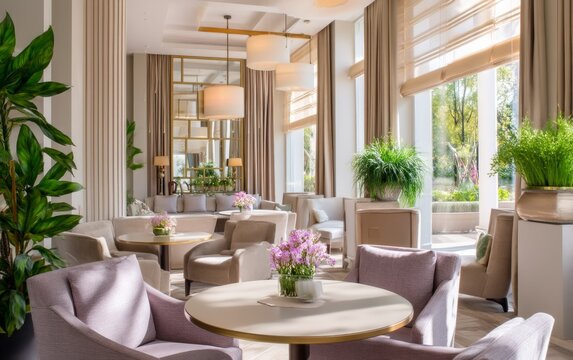 Elegant Women-Only Lounge with Soft Beige and Violet Tones in Bright Space
