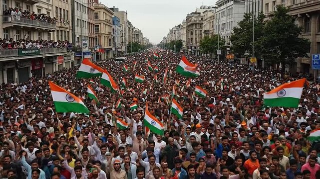 Massive crowd of people holding Indian flags and celebrating or protesting on a busy city street, demonstrating national pride and unity.