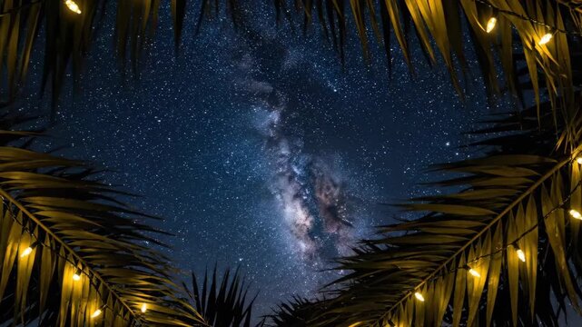 Palm tree branches with string lights frame a starry night sky with the milky way stretching across the universe