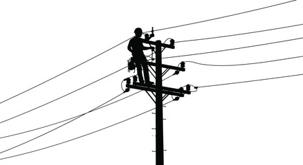 A lineman performs maintenance atop a utility pole against a bright sky creating a striking silhouette high quality professional detailed modern © GDOthoi02