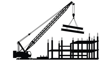 A black silhouette depicts a construction crane lifting steel beams near a building under construction silhouette high quality professional detailed modern