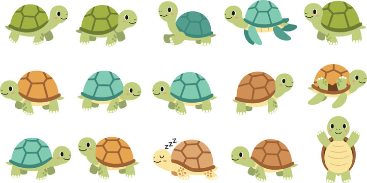 Cute Cartoon Turtle Character Poses Collection with Walking Swimming Sleeping and Smiling Baby Tortoise Vector Illustration Set Police Stop