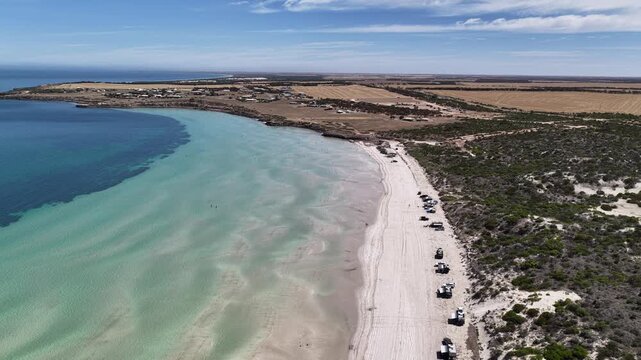 Perlubie Beach, Eyre Peninsula, South Australia &ndash; 4K Aerial Drone Footage of Turquoise Waters, White Sand Dunes and Remote Coastal Landscape near Eba Anchorage and Streaky Bay in Dry Season. 