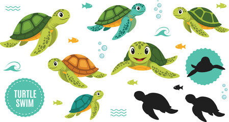 Cute Sea Turtle Swimming Cartoon Character Collection with Underwater Fish Waves and Silhouette Marine Animal Flat Vector Illustration Set Police Stop © MdNazmul
