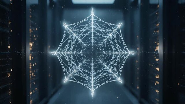 Abstract AI Security Node with Glowing Asymmetric Filaments in Dark Data Center 4K